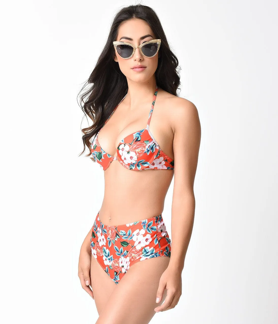 Retro Style Orange Red Cherry Blossom Print Push Up Bikini Top sold by Unique Vintage product image thumbnail 4