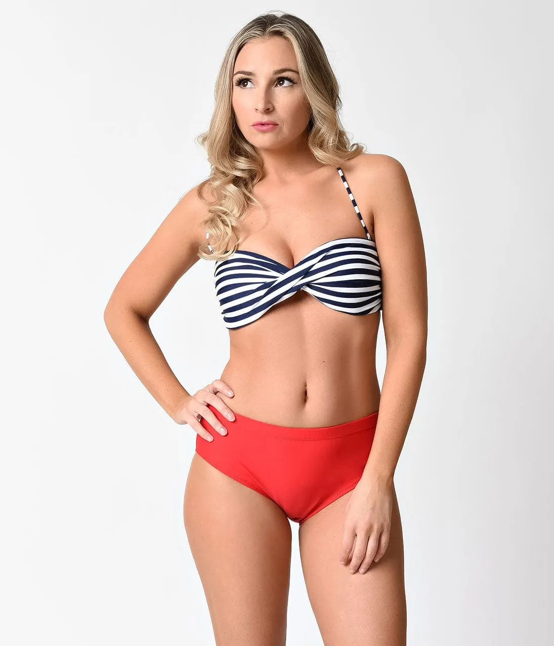 Vintage Navy, Red & White Striped Twist Two Piece Swimsuit sold by Unique Vintage product image thumbnail 5