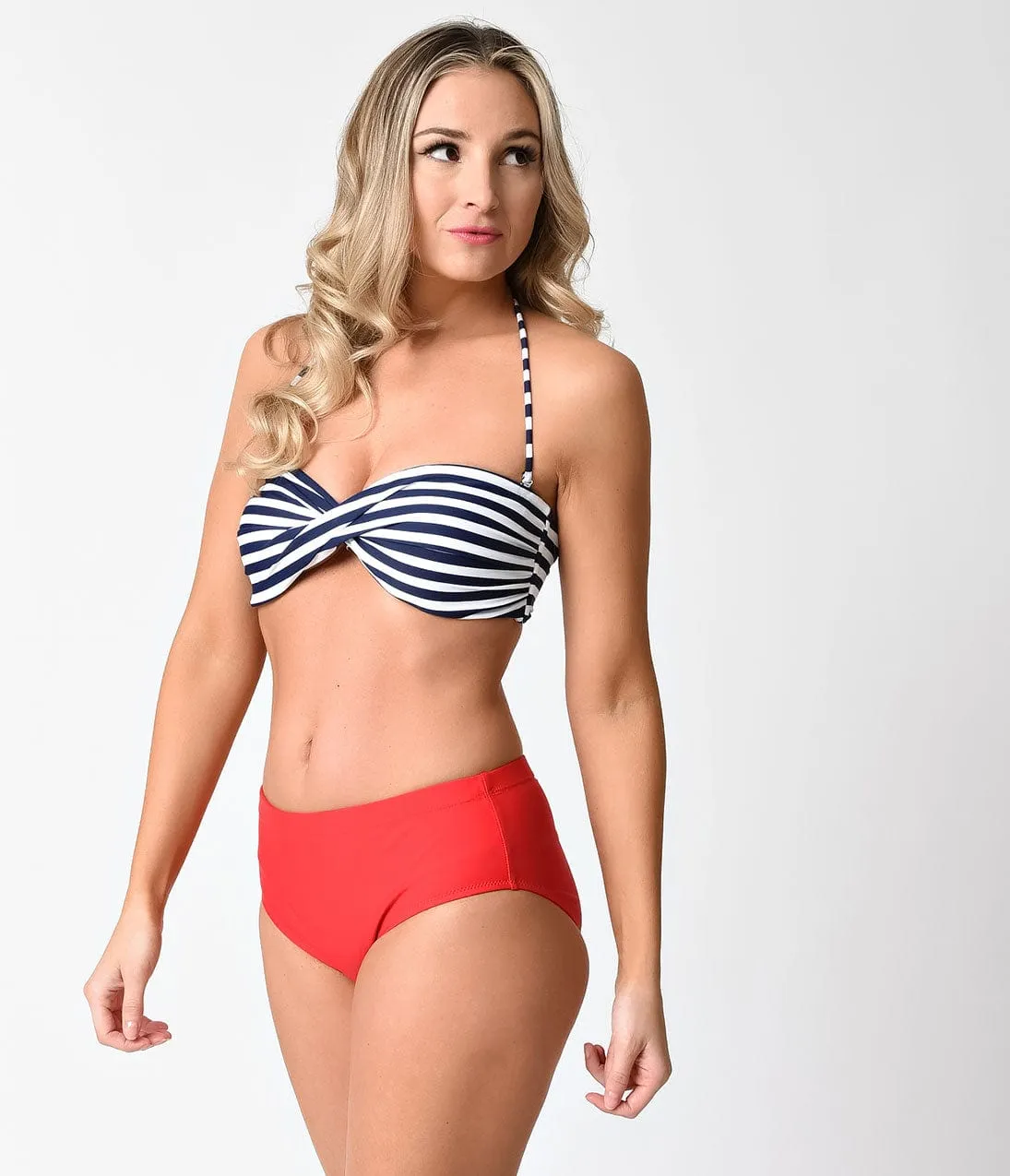 Vintage Navy, Red & White Striped Twist Two Piece Swimsuit sold by Unique Vintage product image thumbnail 4