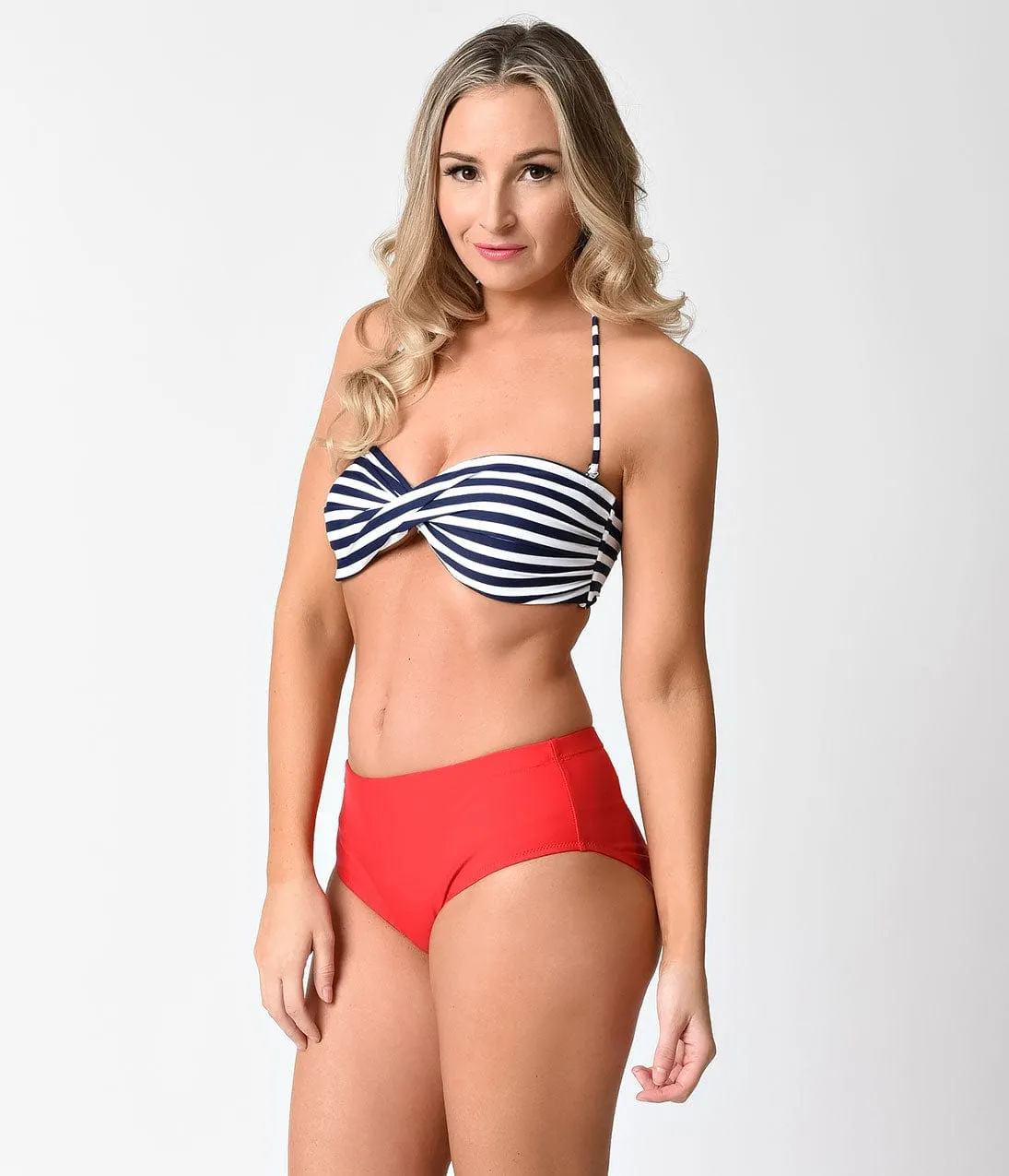 Vintage Navy, Red & White Striped Twist Two Piece Swimsuit sold by Unique Vintage