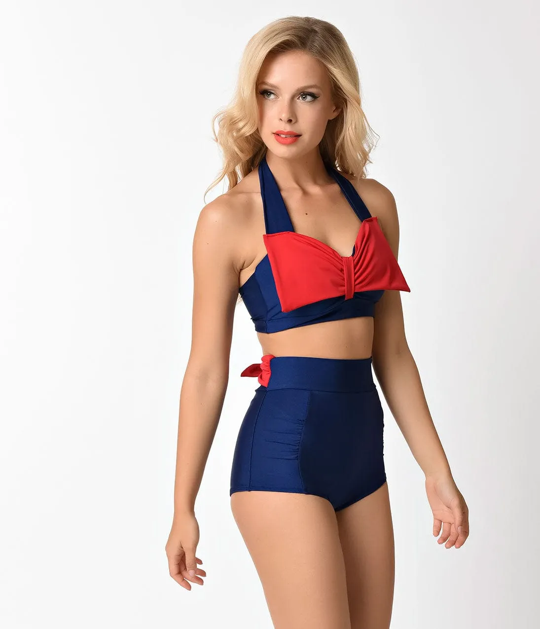 Vintage Style Navy & Red Ties High Waist Swim Bottoms sold by Unique Vintage product image thumbnail 4