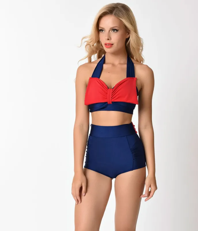 Vintage Style Navy & Red Ties High Waist Swim Bottoms sold by Unique Vintage