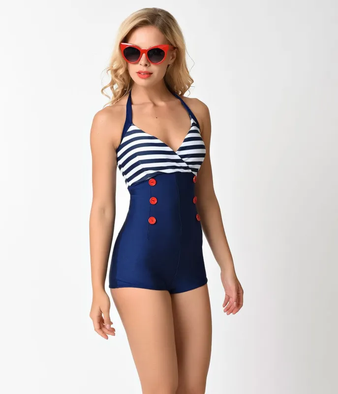 Vintage Style Navy & White Nautical Stripe Halter Romper Swimsuit sold by Unique Vintage