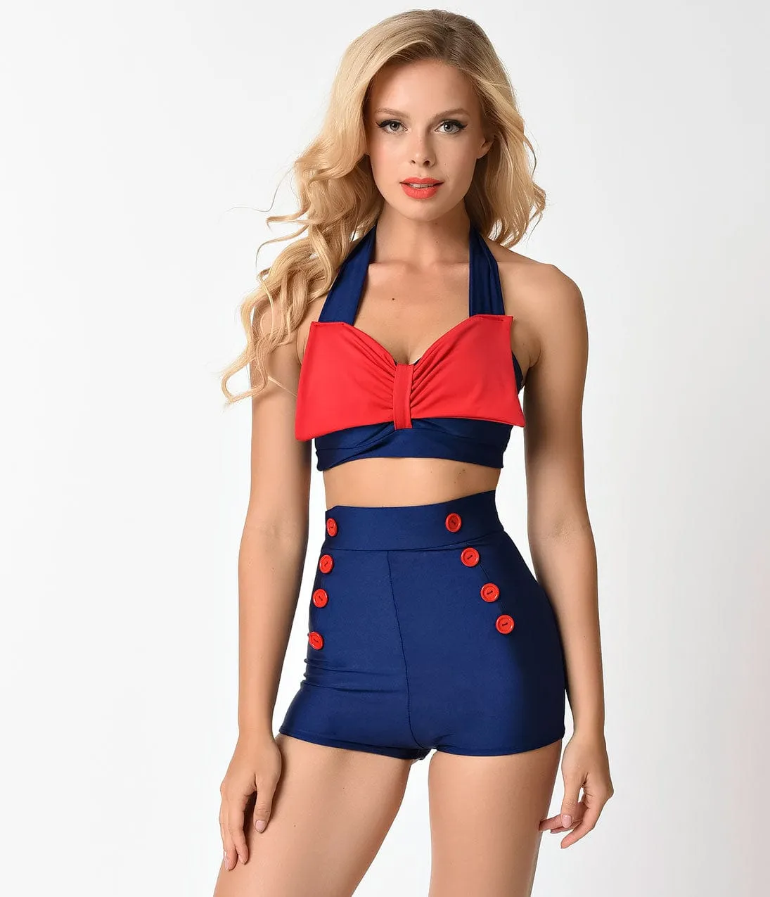 Vintage Style Navy & Red Bow Halter Swim Top sold by Unique Vintage