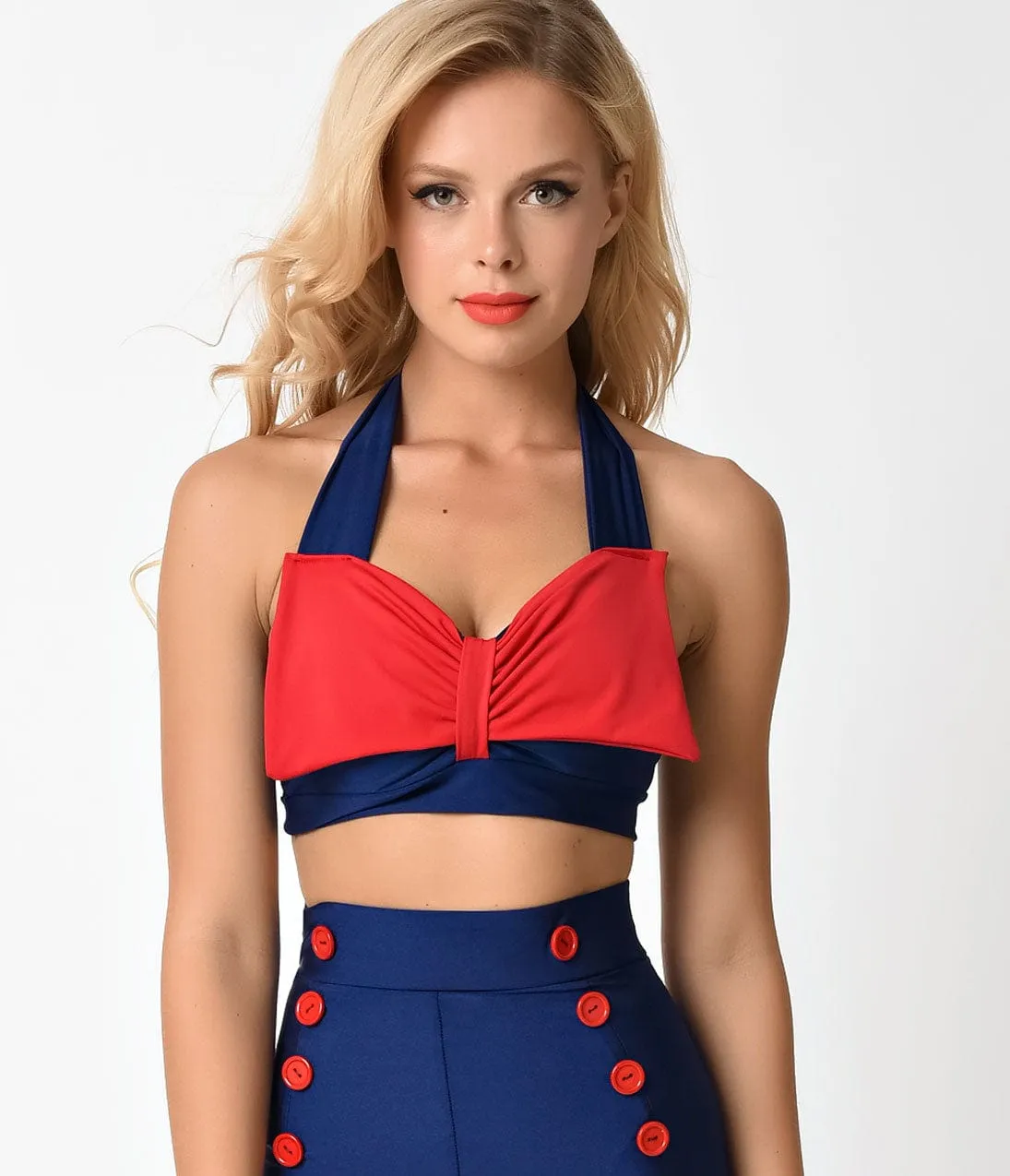 Vintage Style Navy & Red Bow Halter Swim Top sold by Unique Vintage product image thumbnail 2