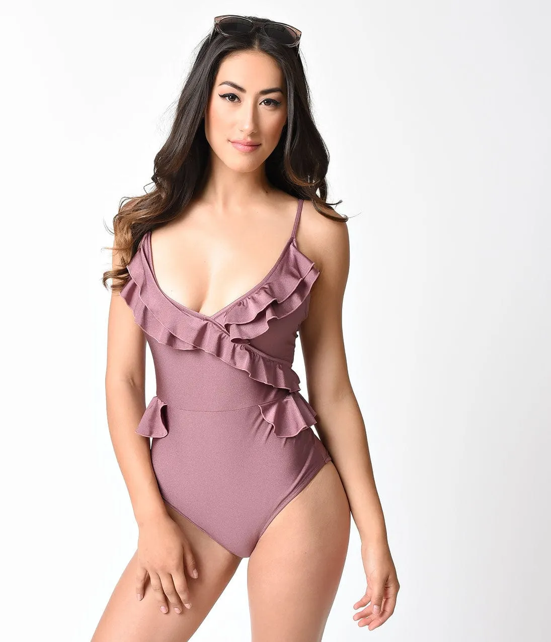 Retro Style Metallic Mauve Frilly One Piece Swimsuit sold by Unique Vintage