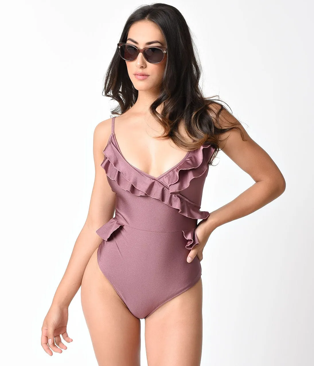 Retro Style Metallic Mauve Frilly One Piece Swimsuit sold by Unique Vintage product image thumbnail 2