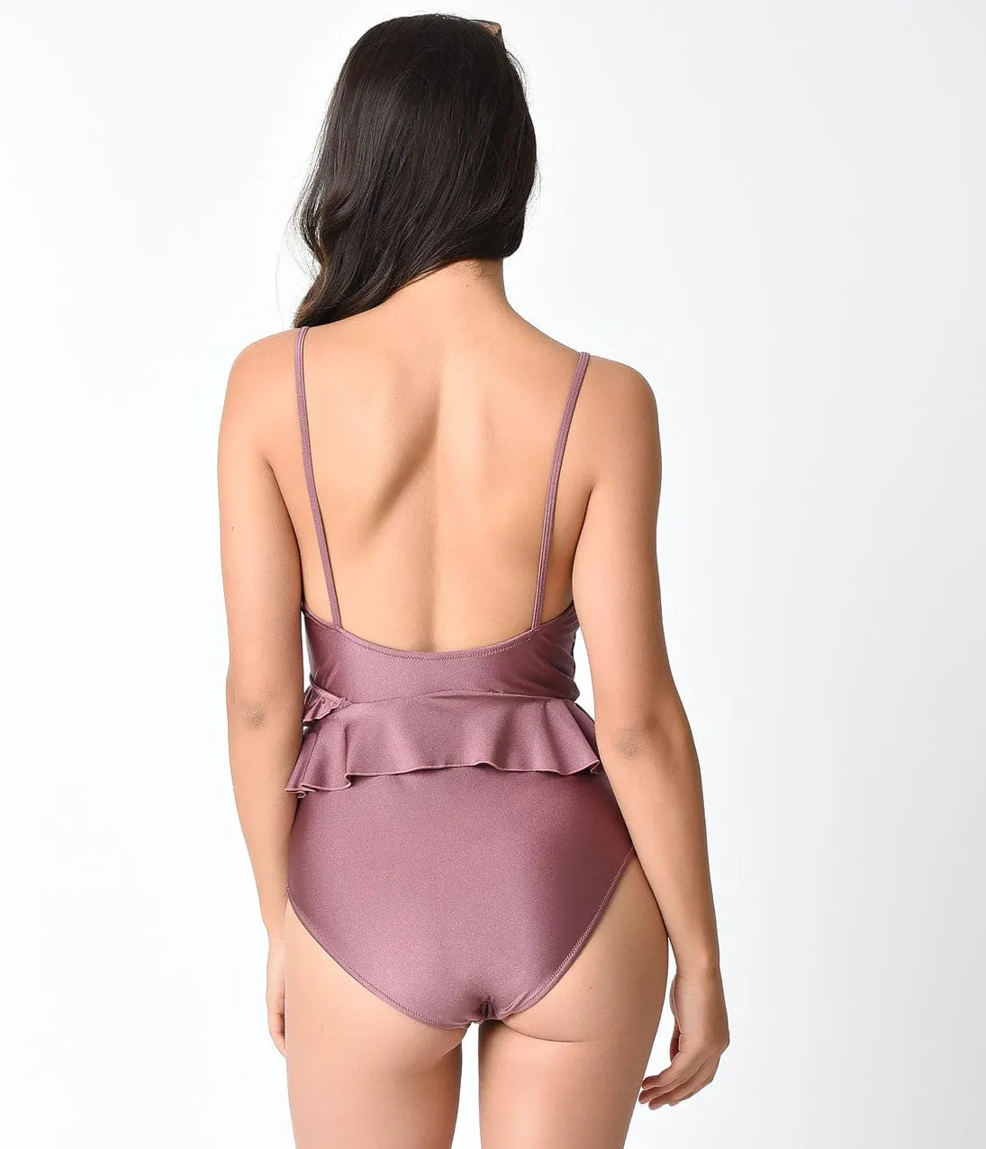 Retro Style Metallic Mauve Frilly One Piece Swimsuit sold by Unique Vintage product image thumbnail 3