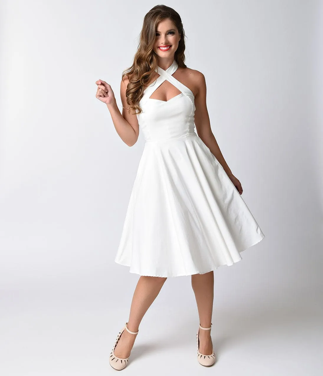 Unique Vintage 1950s Style Ivory Criss Cross Halter Flare Rita Dress sold by Unique Vintage product image thumbnail 3