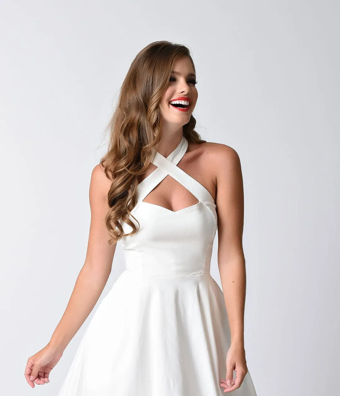 Unique Vintage 1950s Style Ivory Criss Cross Halter Flare Rita Dress sold by Unique Vintage product image thumbnail 4