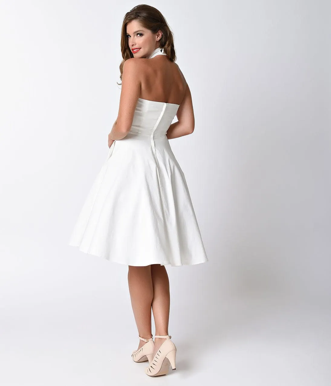 Unique Vintage 1950s Style Ivory Criss Cross Halter Flare Rita Dress sold by Unique Vintage product image thumbnail 2