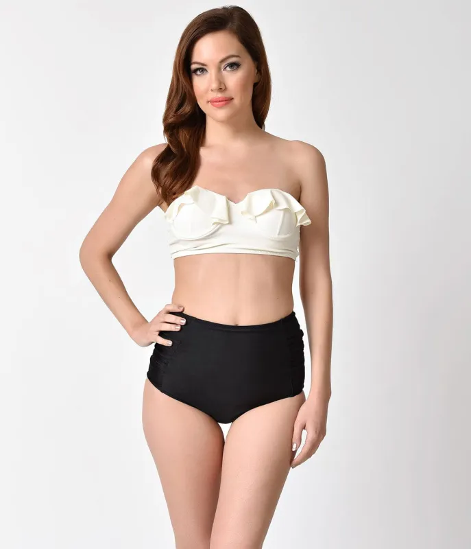 Retro Style Ivory Ruffle Bandeau & Black Mid-Rise Two Piece Swimsuit sold by Unique Vintage