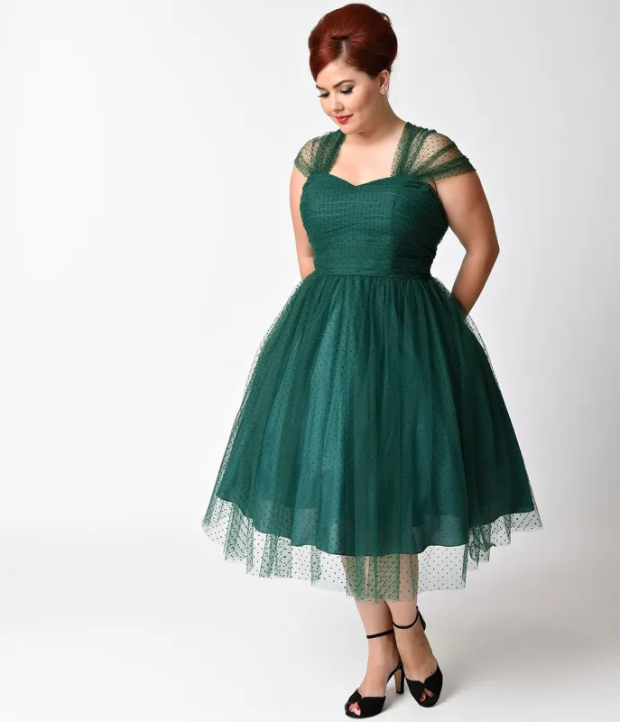 Unique Vintage Plus Size Emerald Green Swiss Dot Garden State Mesh Dress sold by Unique Vintage