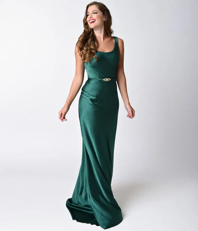Unique Vintage 1930s Emerald Green Satin Ellington Deco Bias Cut Gown made by Unique Vintage