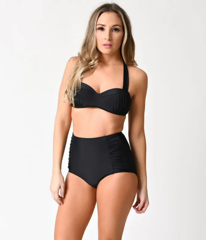 Vintage Pin-Up Style Black Halter High Waist Two Piece Swimsuit sold by Unique Vintage