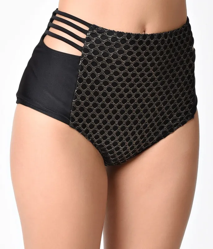 Pin Up Style Black & Gold Fishnet High Waist Swim Bottom sold by Unique Vintage