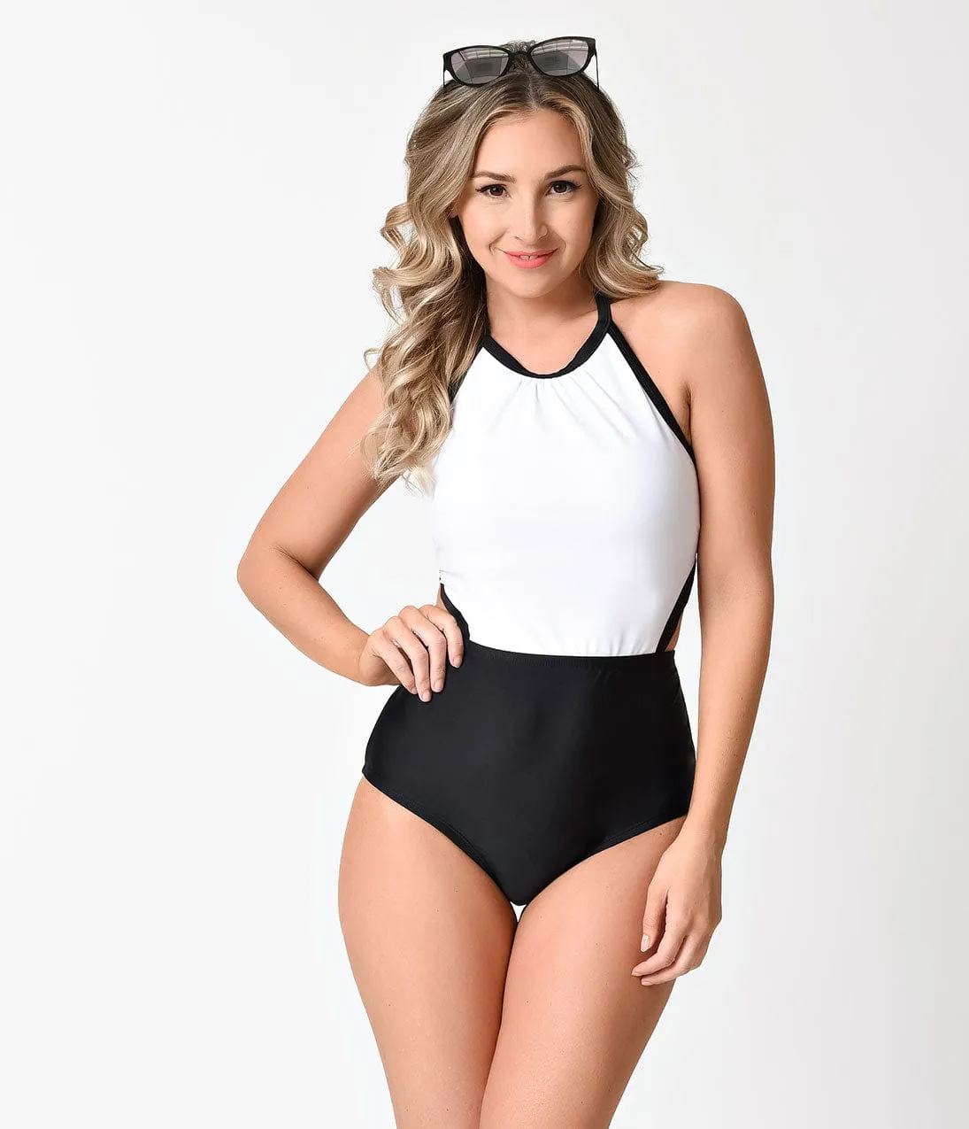 Retro Style Black & White Colorblock Halter One Piece Swimsuit sold by Unique Vintage product image thumbnail 4