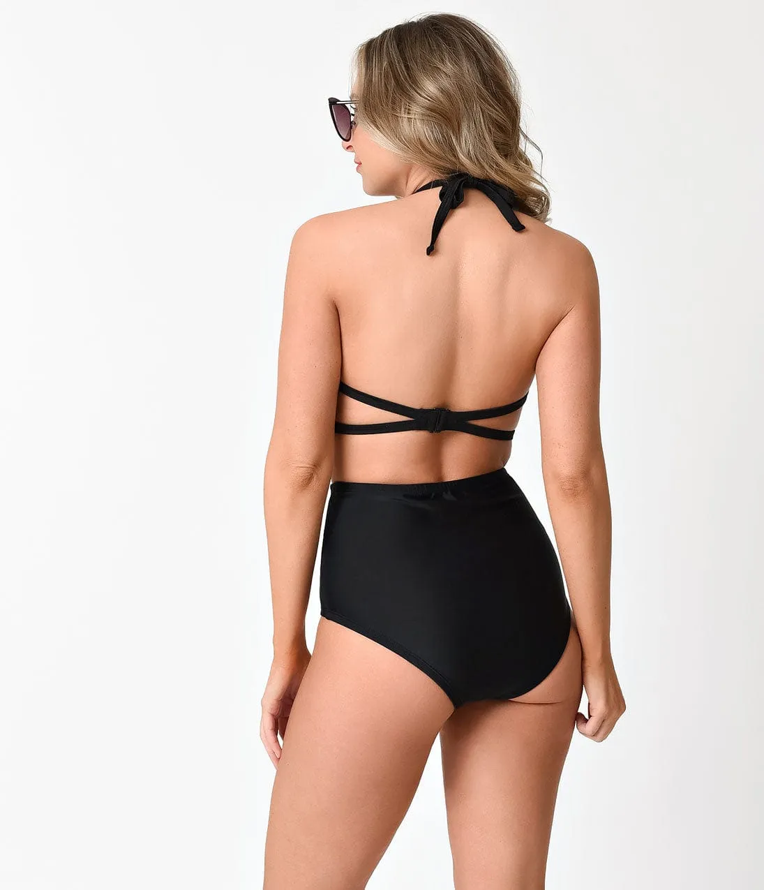 Retro Style Black & White Colorblock Halter One Piece Swimsuit sold by Unique Vintage product image thumbnail 2