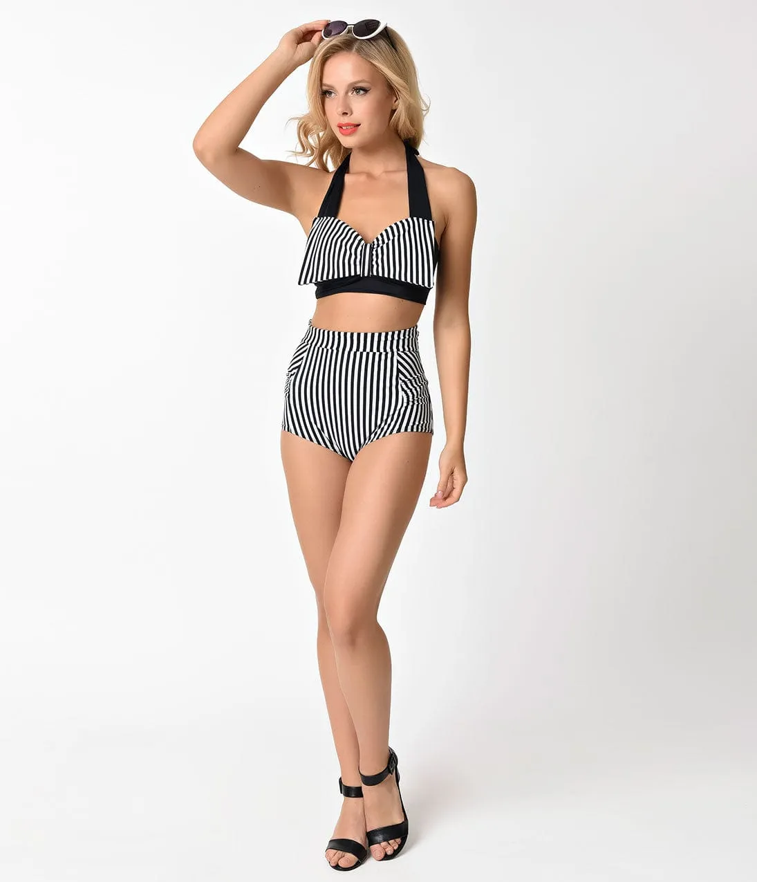 Vintage Style Black & White Stripe Bow Halter Swim Top sold by Unique Vintage product image thumbnail 4