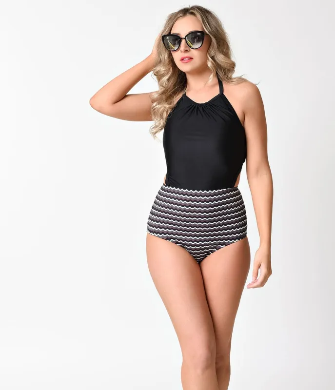 Retro Style Black & Dark Wave Print Halter One Piece Swimsuit sold by Unique Vintage