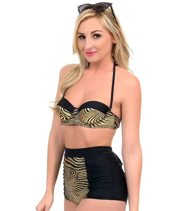 Vintage Style Black & Gold Swirl Frankie High Waist Bandeau Bikini made by Unique Vintage