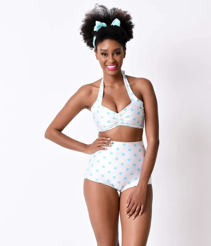 1950s Style White & Aqua Candy Dot High Waist Halter Bikini made by Unique Vintage