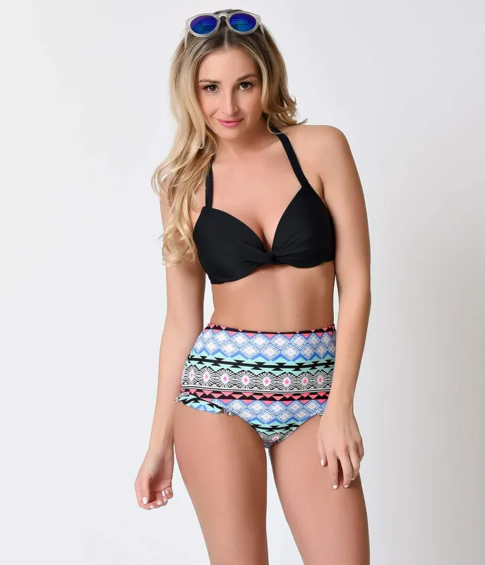 Vintage Pin-Up Style Black Halter Underwire Swim Top made by Unique Vintage