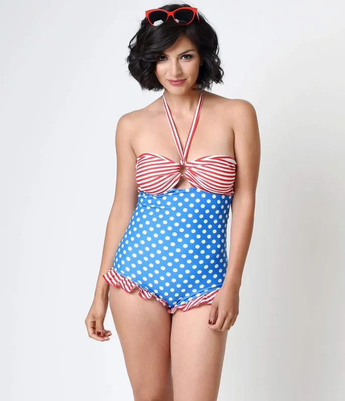 Retro Style Red, White & Blue Old Glory Carmen Halter Swimsuit made by Unique Vintage