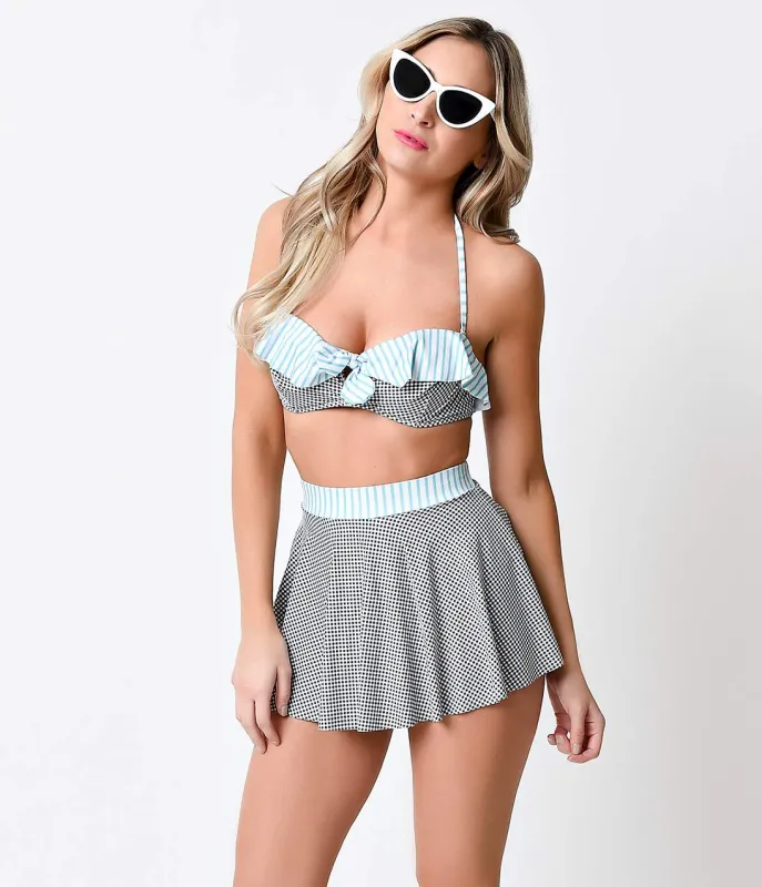 Iconic by UV Black & White Gingham & Stripe Retro Rita Swim Top sold by Unique Vintage