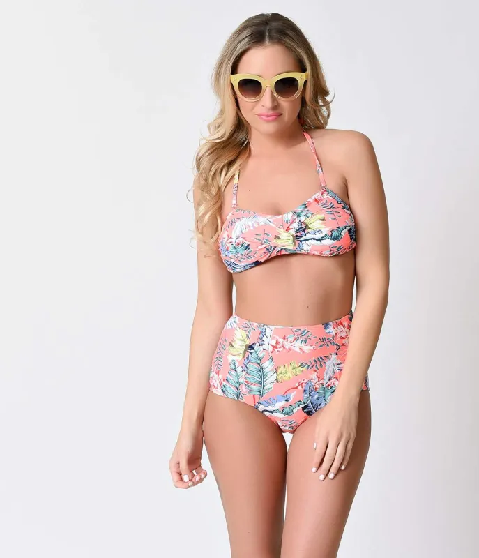 Retro Tiki Style Tropical Peach Floral Bandeau High Waist Bikini sold by Unique Vintage