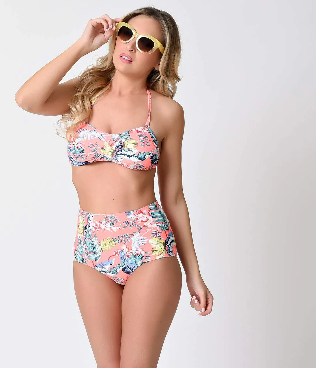 Retro Tiki Style Tropical Peach Floral Bandeau High Waist Bikini sold by Unique Vintage product image thumbnail 5
