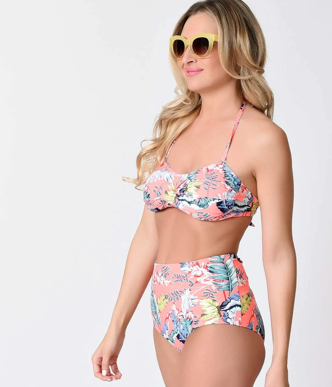 Retro Tiki Style Tropical Peach Floral Bandeau High Waist Bikini sold by Unique Vintage product image thumbnail 3