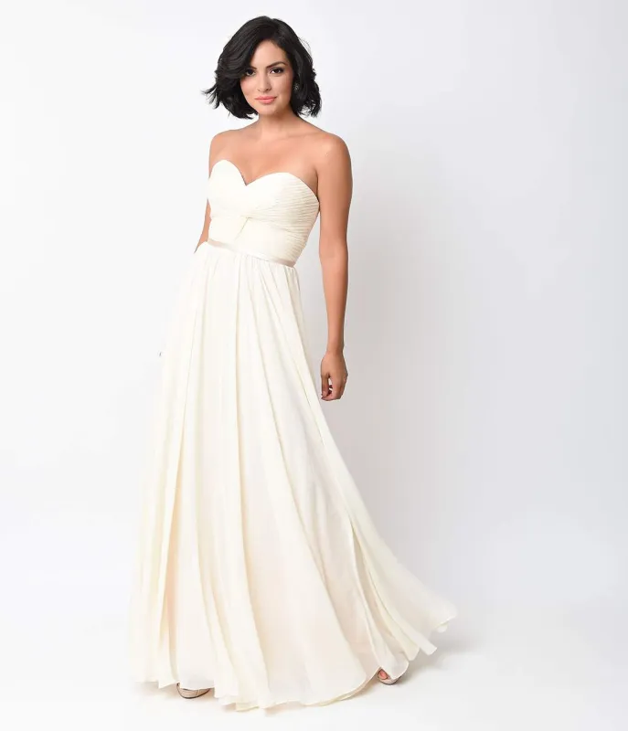 Ladivine by Cinderella Divine Cream Chiffon Strapless Sweetheart Corset Long Gown sold by Unique Vintage