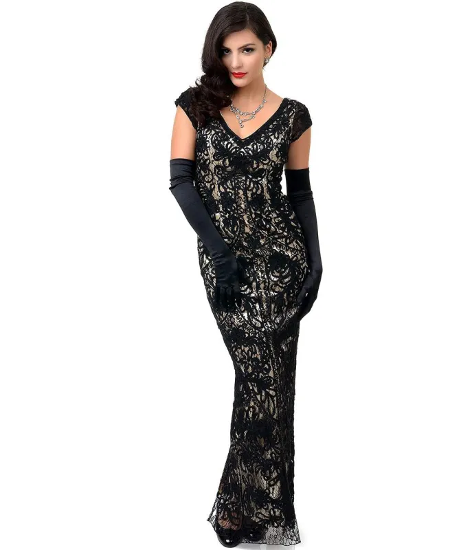 Ladivine by Cinderella Divine 1930s Style Black & Nude Lace Cap Sleeve Fitted Gown made by Unique Vintage