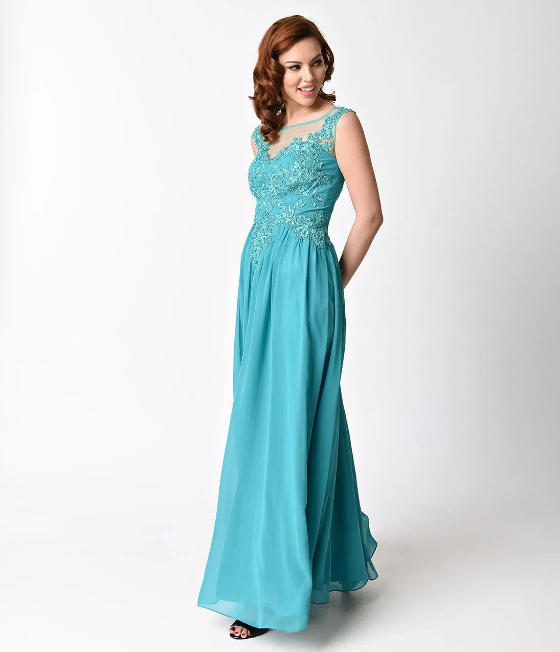 Ladivine by Cinderella Divine Jade Green Embellished Chiffon Long Dress sold by Unique Vintage product image thumbnail 3