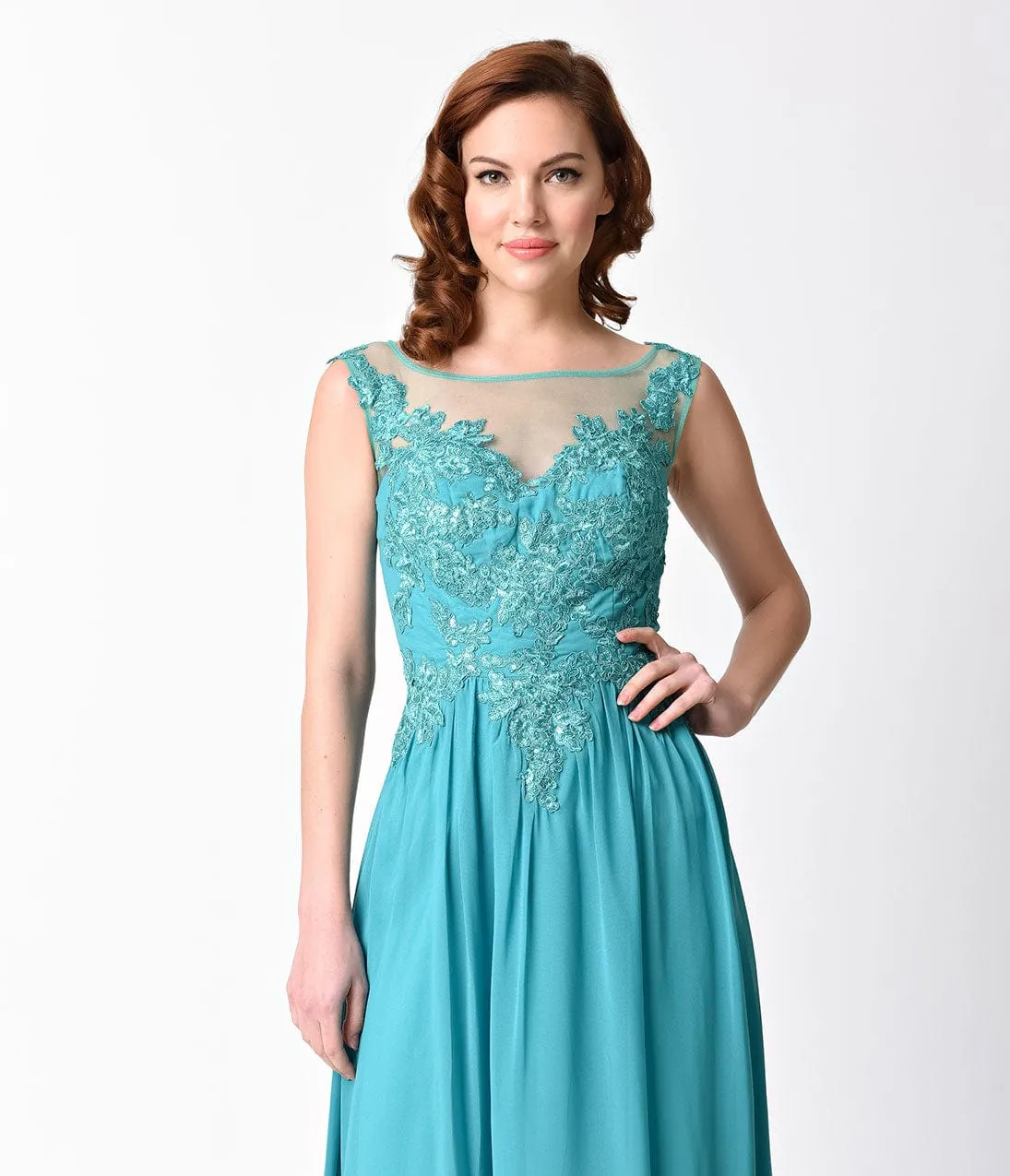 Ladivine by Cinderella Divine Jade Green Embellished Chiffon Long Dress sold by Unique Vintage product image thumbnail 4