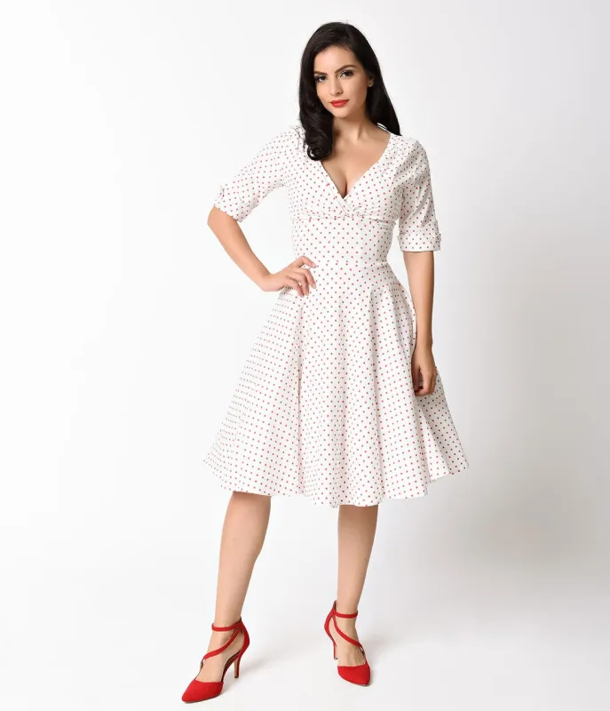Unique Vintage 1950s White & Red Dot Delores Swing Dress with Sleeves sold by Unique Vintage
