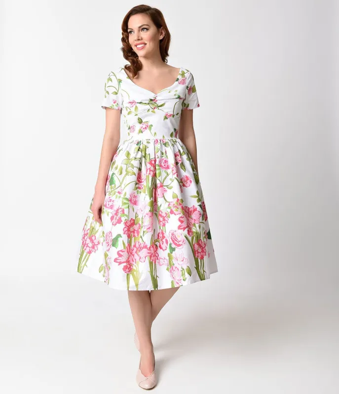 Unique Vintage 1950s Style White & Pink Floral Short Sleeve Whitman Swing Dress sold by Unique Vintage