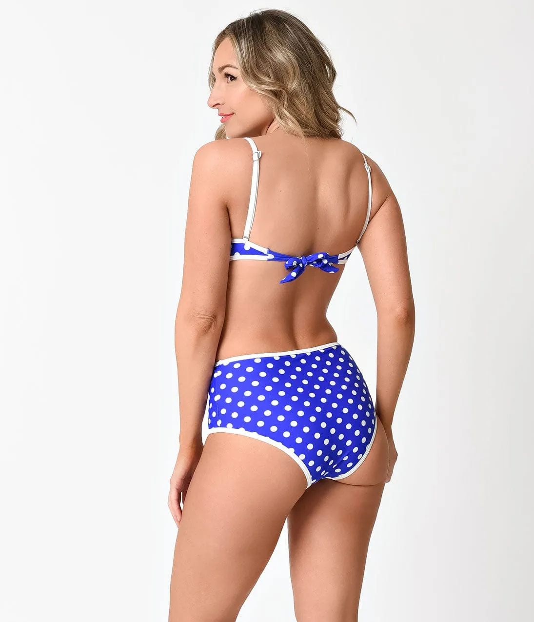 Retro Pin Up Style Royal Blue & White Polka Dot Two Piece Swimsuit sold by Unique Vintage product image thumbnail 2