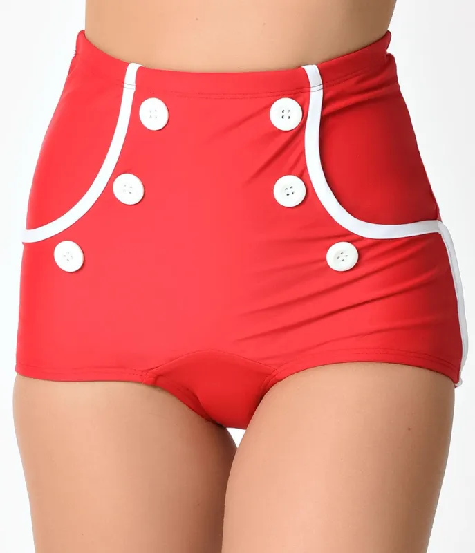 Retro Style Red & White Button Ship Shape High Waist Swim Bottoms made by Unique Vintage