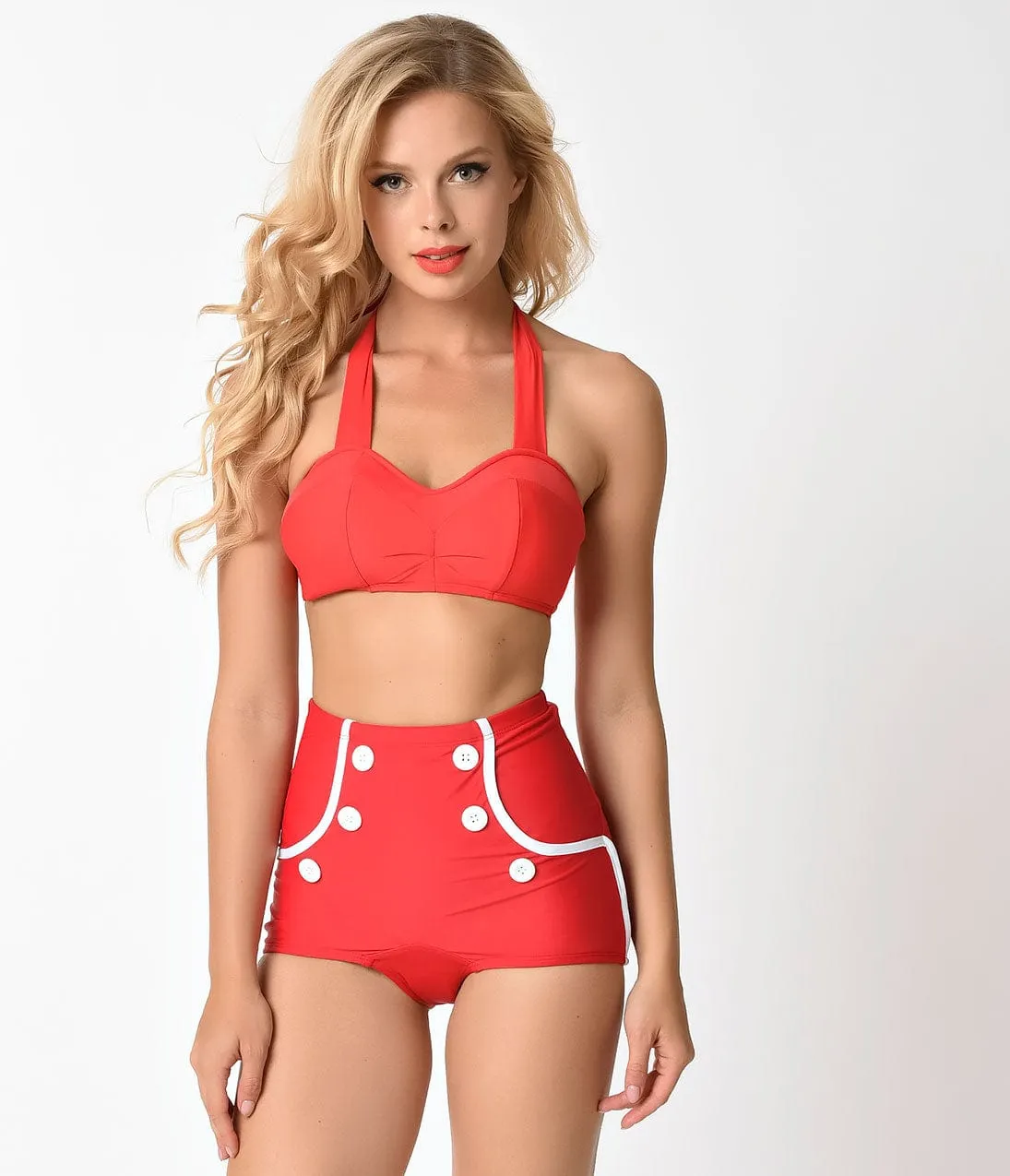 Retro Style Red & White Button Ship Shape High Waist Swim Bottoms sold by Unique Vintage product image thumbnail 5