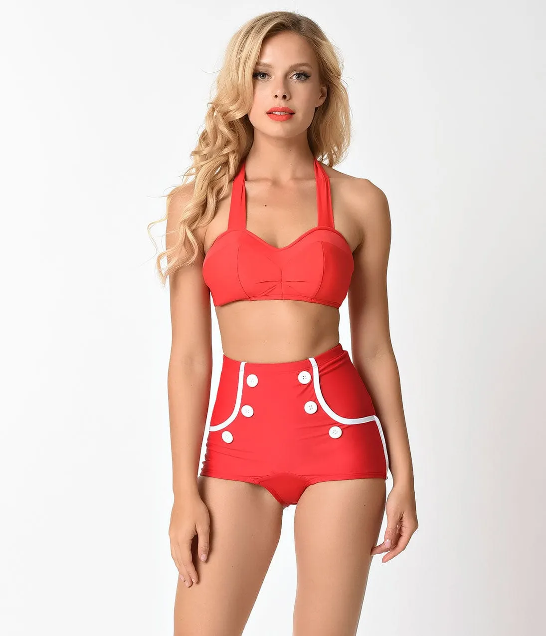 Retro Style Red & White Button Ship Shape High Waist Swim Bottoms sold by Unique Vintage product image thumbnail 2