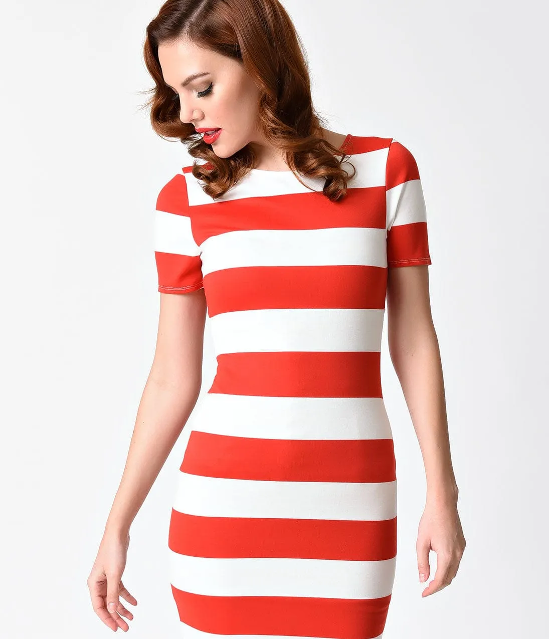 Unique Vintage 1960s Style Red & White Stripe Knit Presley Wiggle Dress sold by Unique Vintage product image thumbnail 4