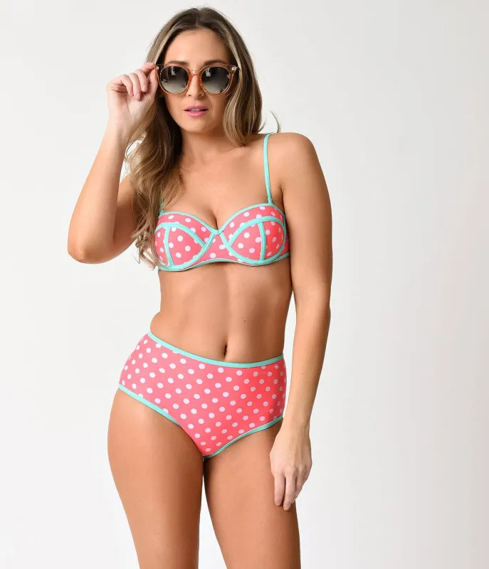 Retro Pin Up Style Coral Pink, Mint, & Ivory Polka Dot Two Piece Swimsuit sold by Unique Vintage