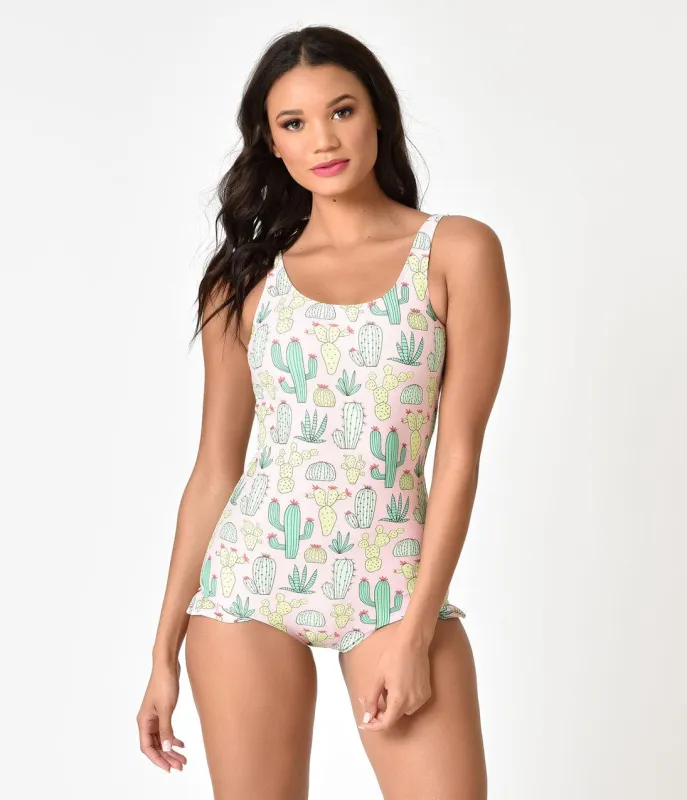 Vintage Style Pin-Up Light Pink & Green Cactus Print One Piece Swimsuit made by Unique Vintage