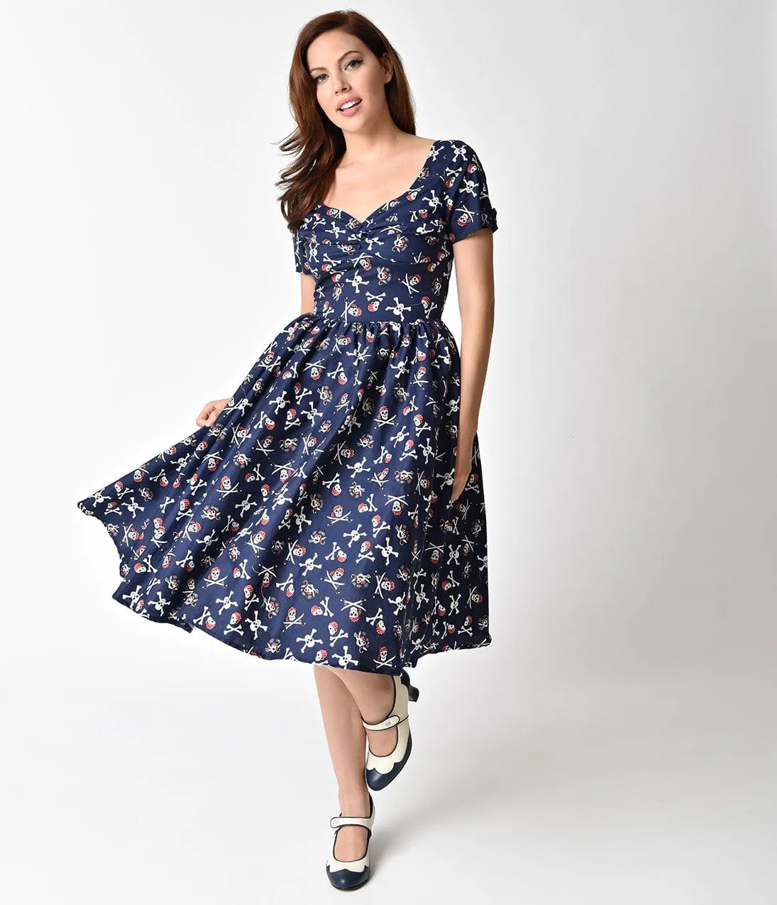 Unique Vintage 1950s Style Navy Blue Dread Pirate Short Sleeve Draper Swing Dress sold by Unique Vintage product image thumbnail 4