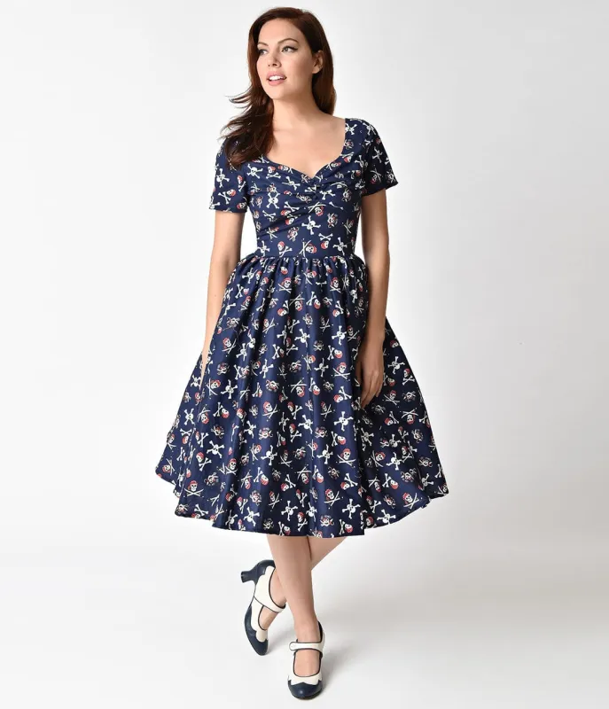 Unique Vintage 1950s Style Navy Blue Dread Pirate Short Sleeve Draper Swing Dress made by Unique Vintage