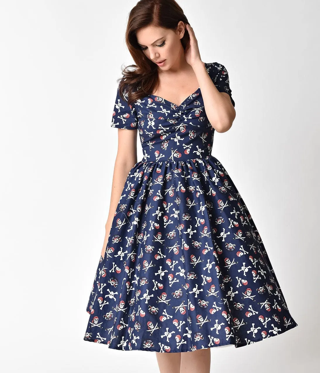 Unique Vintage 1950s Style Navy Blue Dread Pirate Short Sleeve Draper Swing Dress sold by Unique Vintage product image thumbnail 3