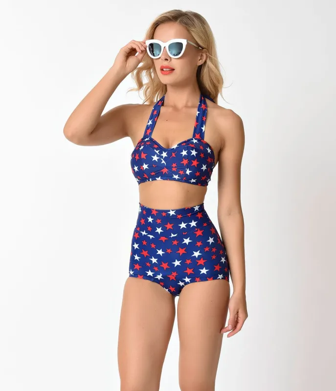 Retro Style Navy & Spangled Stars High Waist Swim Bottoms made by Unique Vintage