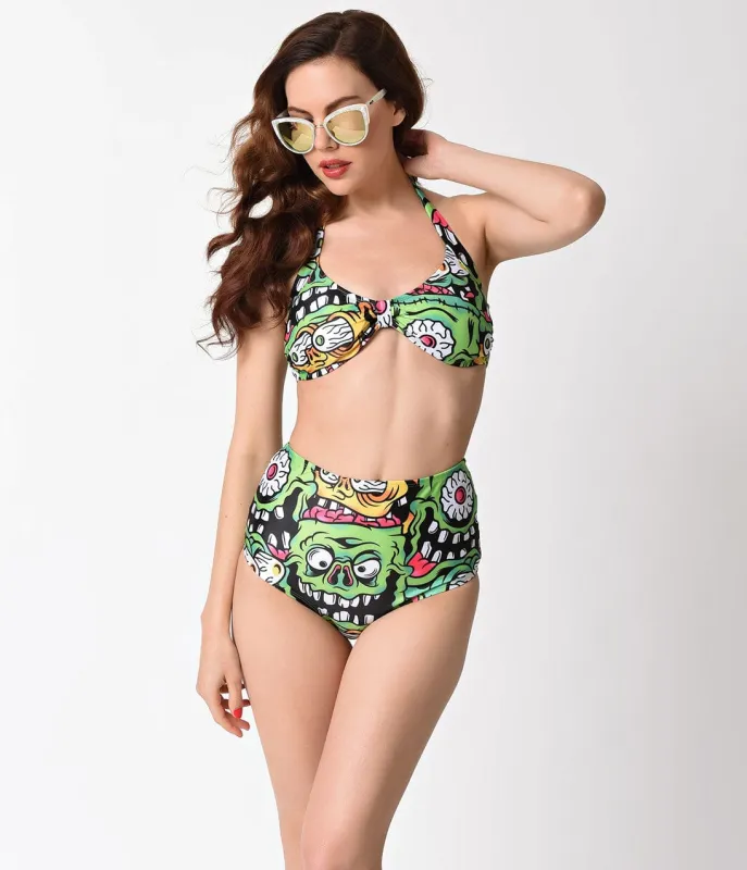 Sourpuss Retro Style Green Fink Faces Halter Top Two Piece Swimsuit made by Sourpuss